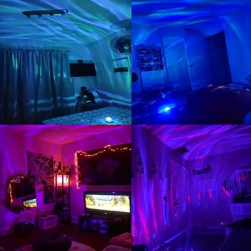 LED 별빛 가득 갤럭시 오션 웨이브 프로젝터 – RGB 스마트 리모컨 램프, KTV USB 크리스마스 조명, 자동 회전, 홈 침실 인테리어