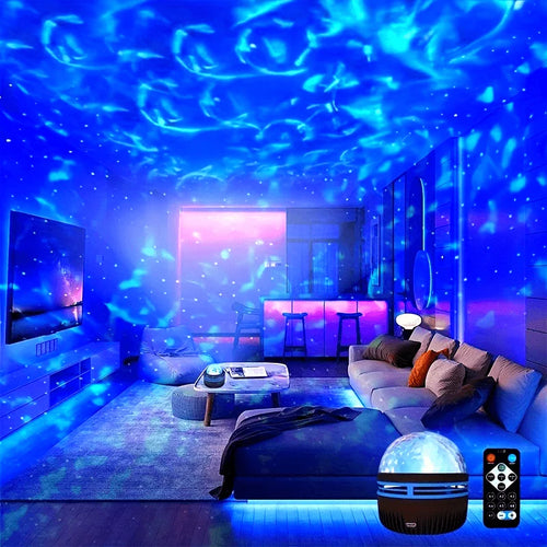 LED 별빛 가득 갤럭시 오션 웨이브 프로젝터 – RGB 스마트 리모컨 램프, KTV USB 크리스마스 조명, 자동 회전, 홈 침실 인테리어