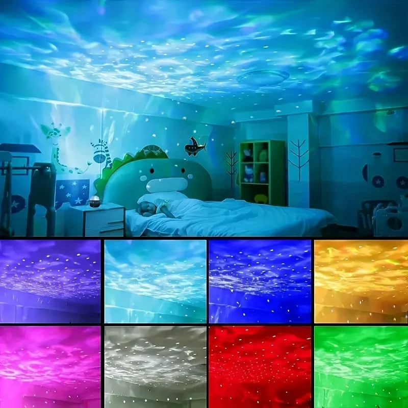 LED 별빛 가득 갤럭시 오션 웨이브 프로젝터 – RGB 스마트 리모컨 램프, KTV USB 크리스마스 조명, 자동 회전, 홈 침실 인테리어